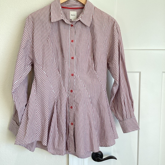 Anthropologie Long-Sleeve Waisted Button-Down Shirt Striped NEW Red Pattern - Picture 5 of 15